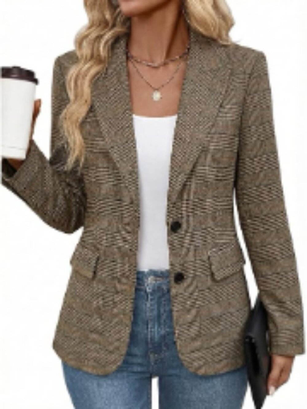 Herringbone Tweed Blazer Open Front Fully Lined Casual Work Office Jacket